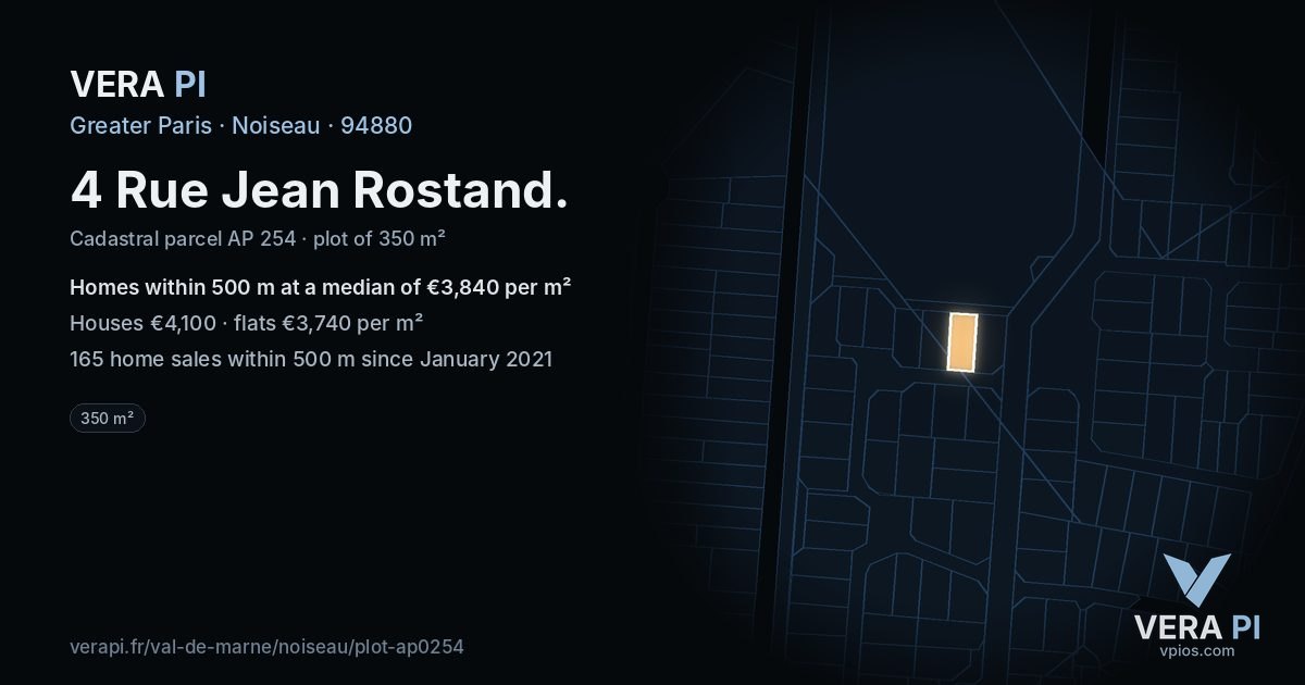 4 Rue Jean Rostand, Noiseau at night – the plot lit, the parcels around coloured by the prices near them