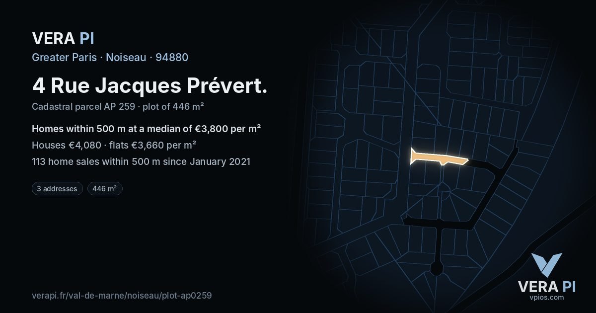 4 Rue Jacques Prévert, Noiseau at night – the plot lit, the parcels around coloured by the prices near them