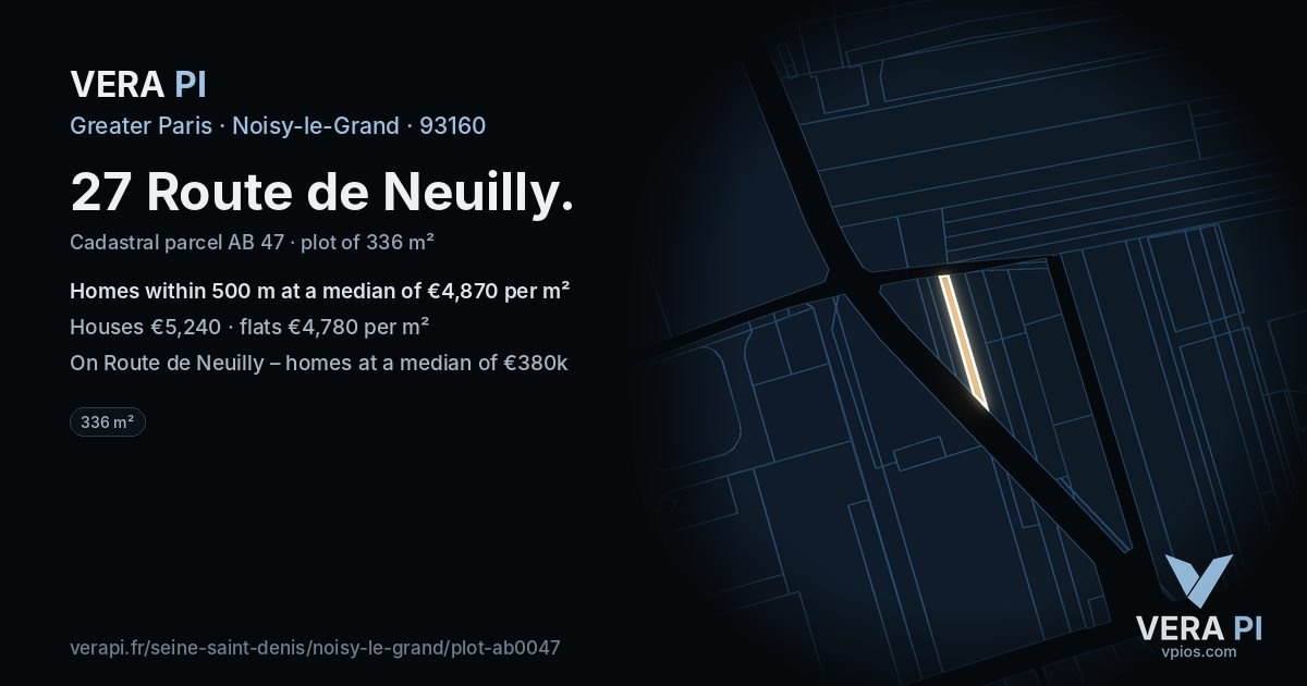 27 Route de Neuilly, Noisy-le-Grand at night – the plot lit, the parcels around coloured by the prices near them