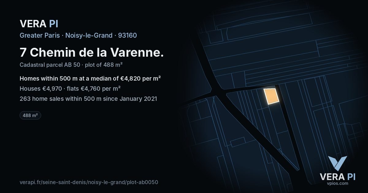 7 Chemin de la Varenne, Noisy-le-Grand at night – the plot lit, the parcels around coloured by the prices near them