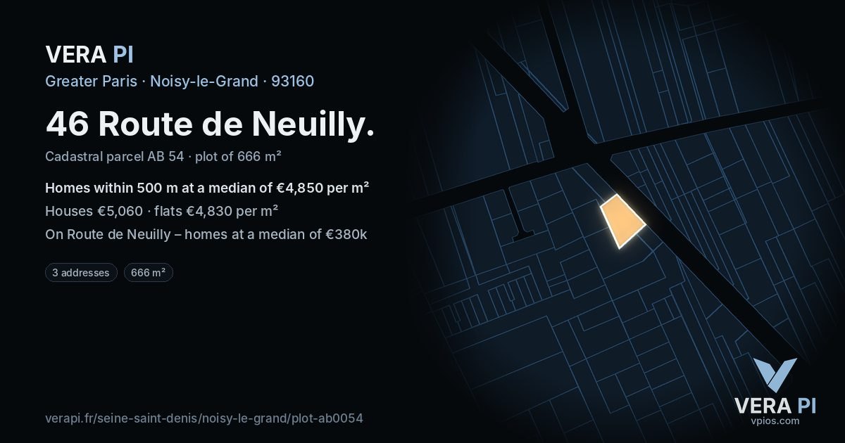 46 Route de Neuilly, Noisy-le-Grand at night – the plot lit, the parcels around coloured by the prices near them