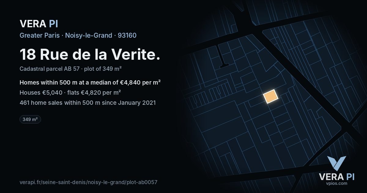 18 Rue de la Verite, Noisy-le-Grand at night – the plot lit, the parcels around coloured by the prices near them