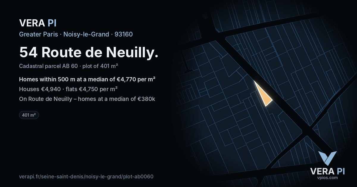 54 Route de Neuilly, Noisy-le-Grand at night – the plot lit, the parcels around coloured by the prices near them