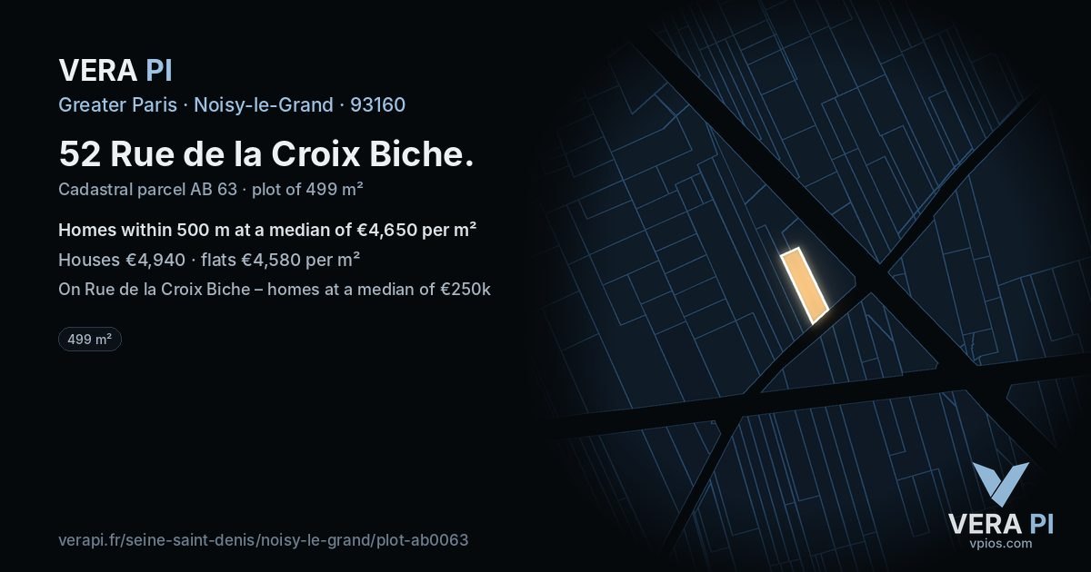 52 Rue de la Croix Biche, Noisy-le-Grand at night – the plot lit, the parcels around coloured by the prices near them