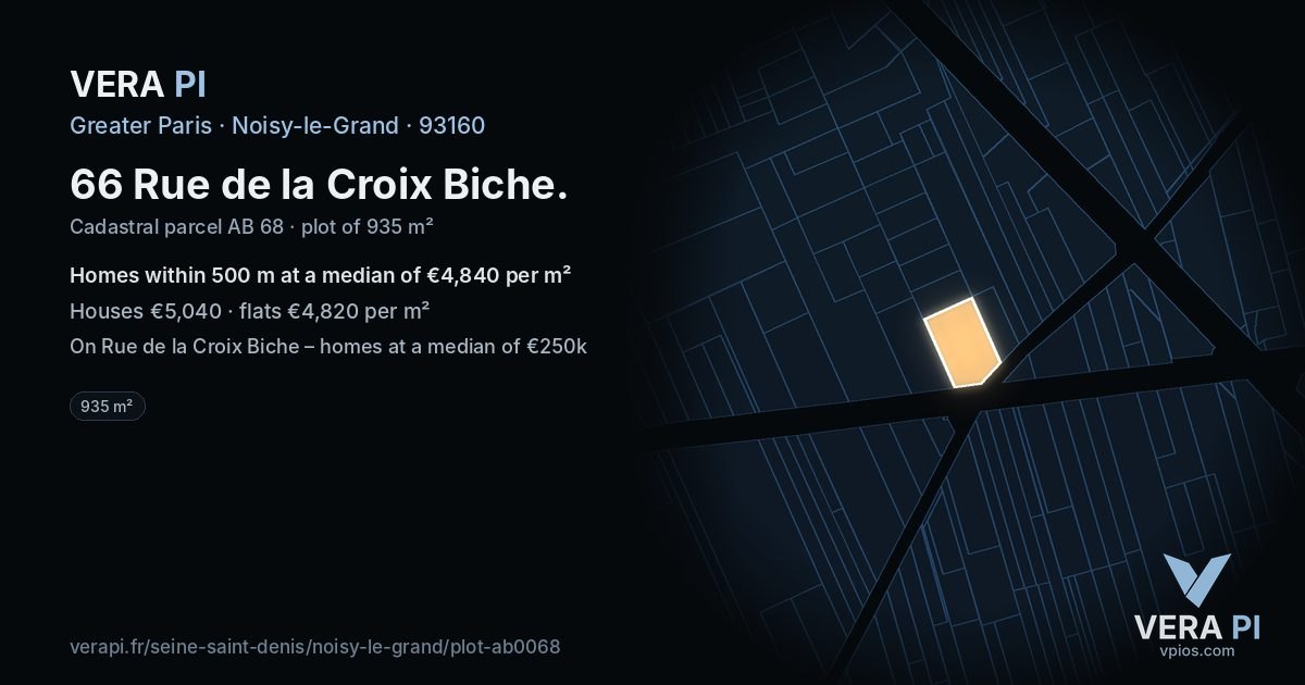 66 Rue de la Croix Biche, Noisy-le-Grand at night – the plot lit, the parcels around coloured by the prices near them