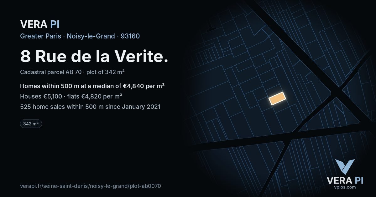 8 Rue de la Verite, Noisy-le-Grand at night – the plot lit, the parcels around coloured by the prices near them