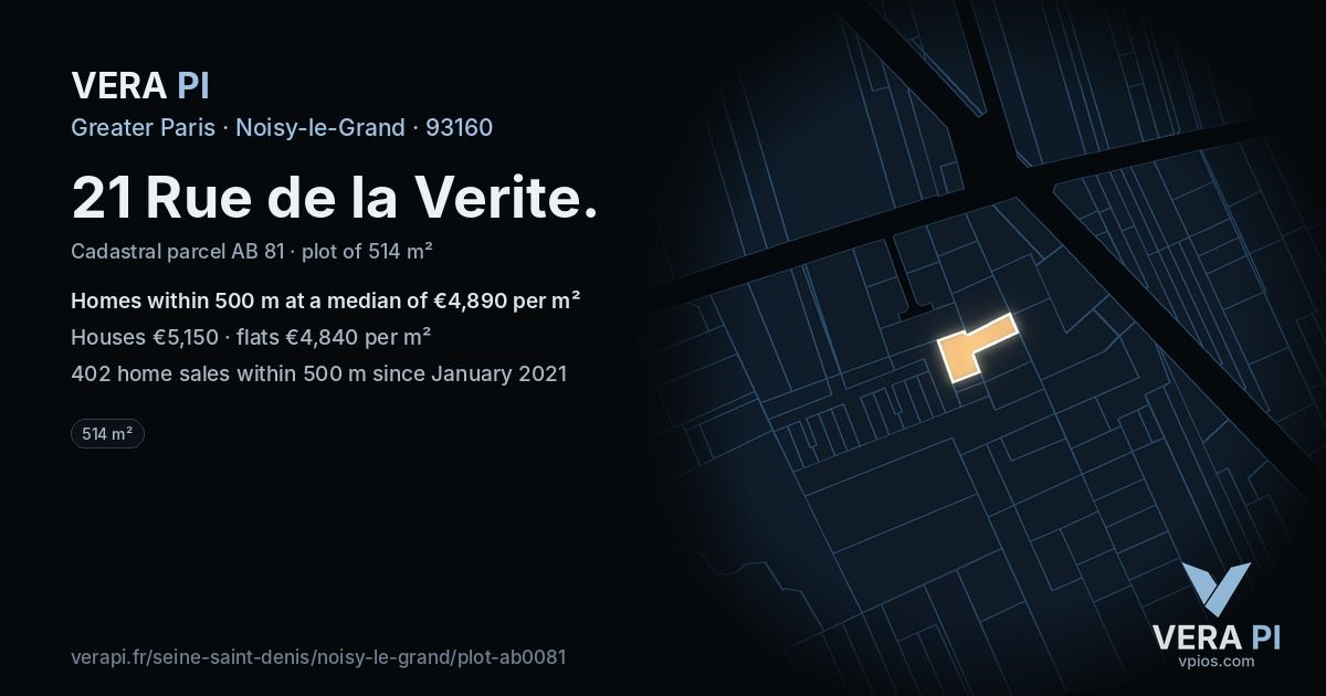21 Rue de la Verite, Noisy-le-Grand at night – the plot lit, the parcels around coloured by the prices near them