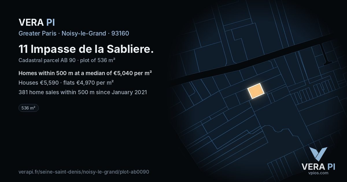 11 Impasse de la Sabliere, Noisy-le-Grand at night – the plot lit, the parcels around coloured by the prices near them