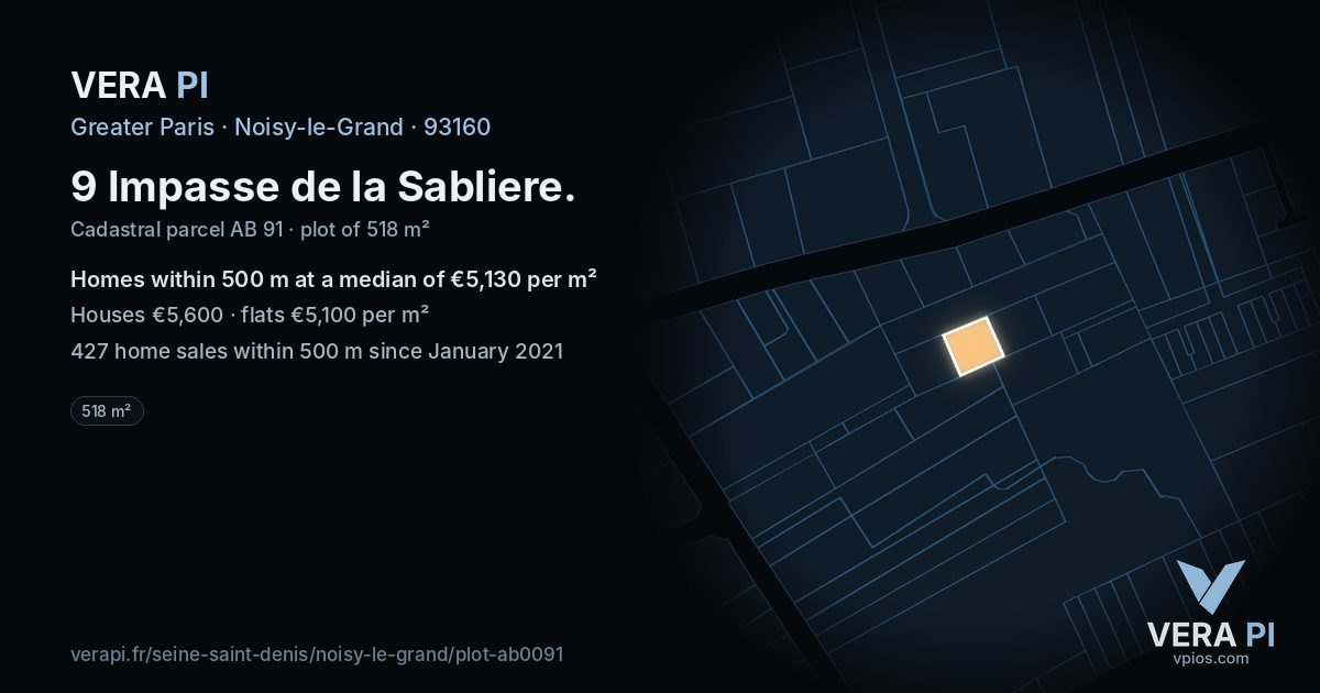 9 Impasse de la Sabliere, Noisy-le-Grand at night – the plot lit, the parcels around coloured by the prices near them