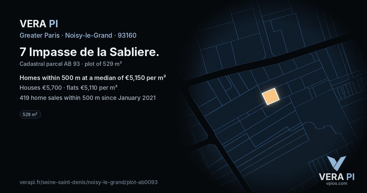 7 Impasse de la Sabliere, Noisy-le-Grand at night – the plot lit, the parcels around coloured by the prices near them