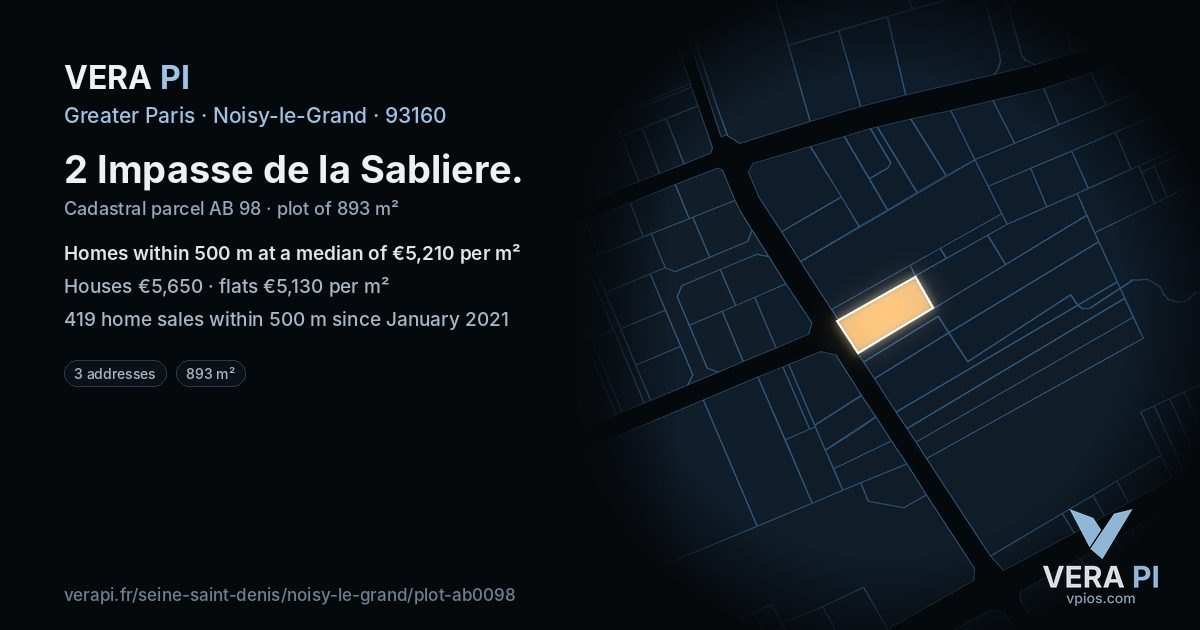 2 Impasse de la Sabliere, Noisy-le-Grand at night – the plot lit, the parcels around coloured by the prices near them