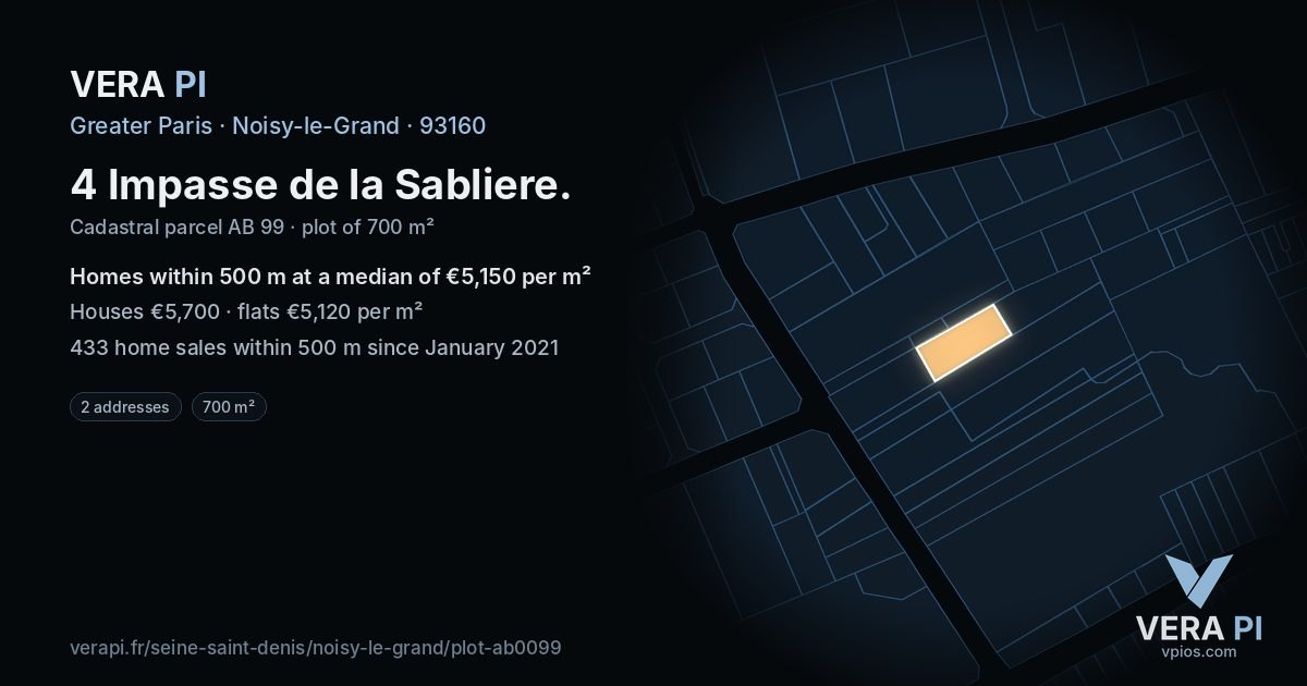 4 Impasse de la Sabliere, Noisy-le-Grand at night – the plot lit, the parcels around coloured by the prices near them