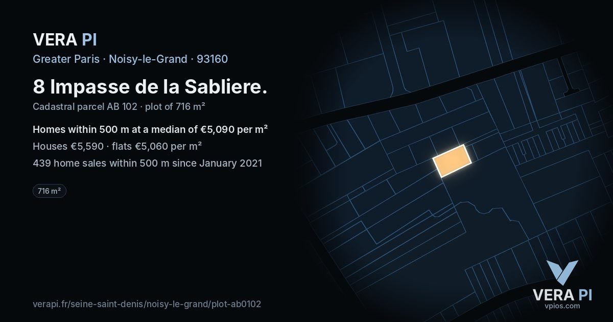 8 Impasse de la Sabliere, Noisy-le-Grand at night – the plot lit, the parcels around coloured by the prices near them
