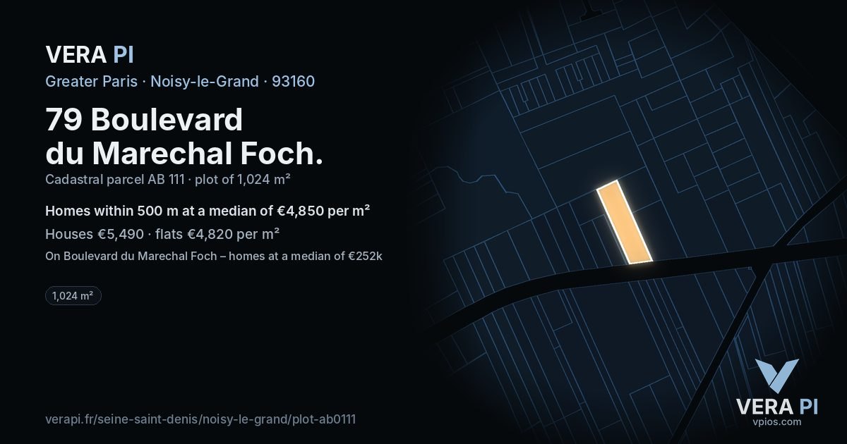 79 Boulevard du Marechal Foch, Noisy-le-Grand at night – the plot lit, the parcels around coloured by the prices near them