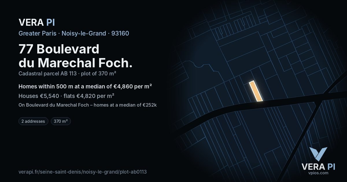 77 Boulevard du Marechal Foch, Noisy-le-Grand at night – the plot lit, the parcels around coloured by the prices near them