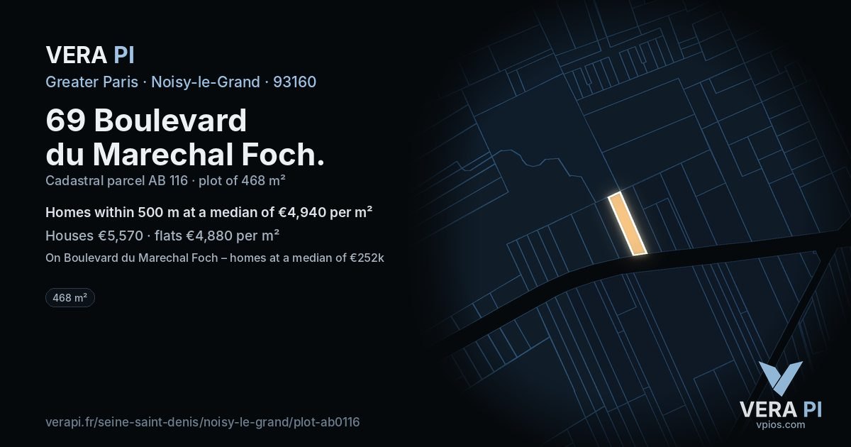 69 Boulevard du Marechal Foch, Noisy-le-Grand at night – the plot lit, the parcels around coloured by the prices near them