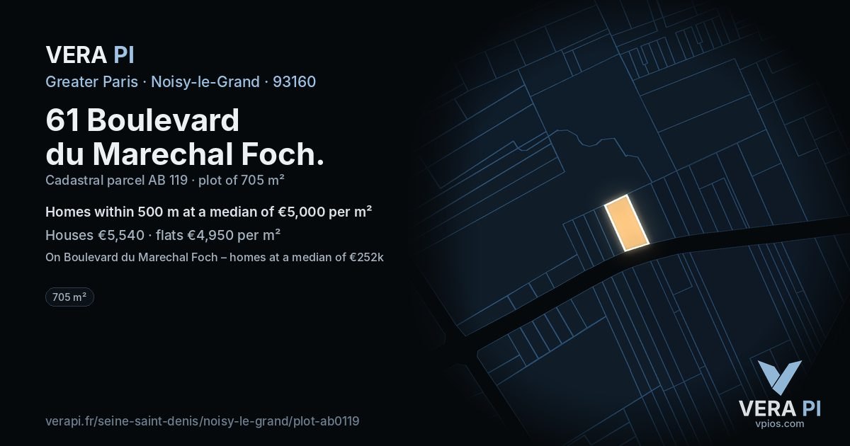61 Boulevard du Marechal Foch, Noisy-le-Grand at night – the plot lit, the parcels around coloured by the prices near them