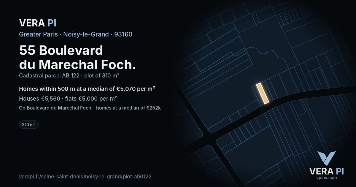 55 Boulevard du Marechal Foch, Noisy-le-Grand at night – the plot lit, the parcels around coloured by the prices near them