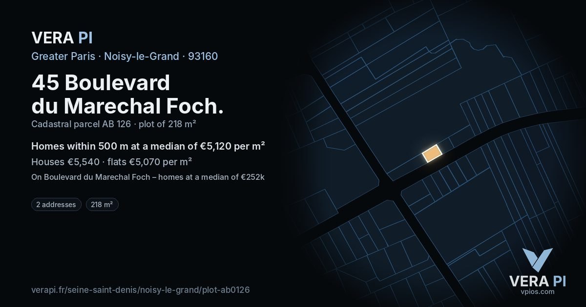 45 Boulevard du Marechal Foch, Noisy-le-Grand at night – the plot lit, the parcels around coloured by the prices near them