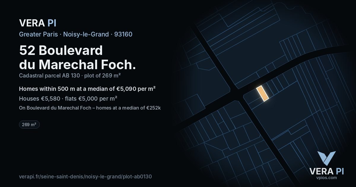 52 Boulevard du Marechal Foch, Noisy-le-Grand at night – the plot lit, the parcels around coloured by the prices near them