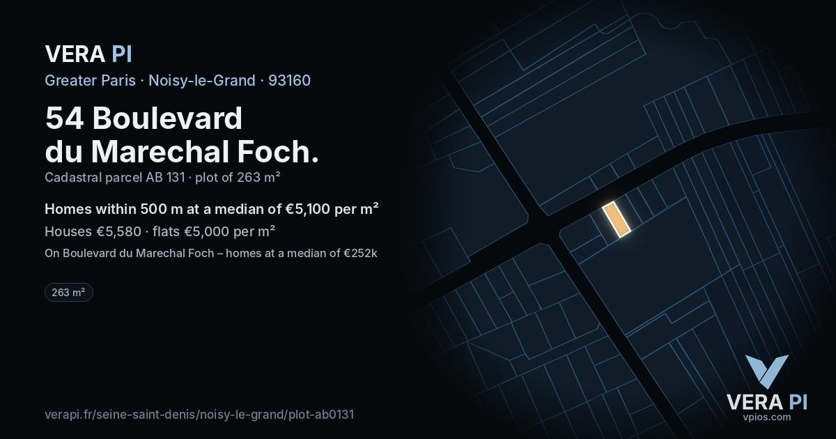 54 Boulevard du Marechal Foch, Noisy-le-Grand at night – the plot lit, the parcels around coloured by the prices near them