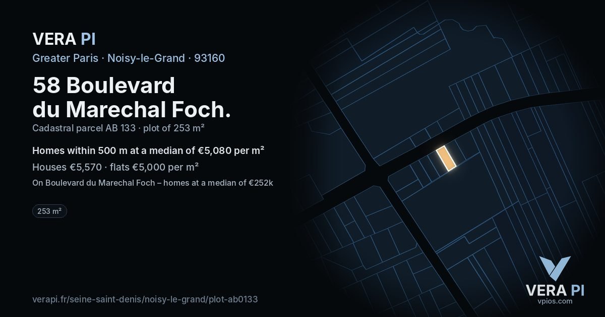 58 Boulevard du Marechal Foch, Noisy-le-Grand at night – the plot lit, the parcels around coloured by the prices near them