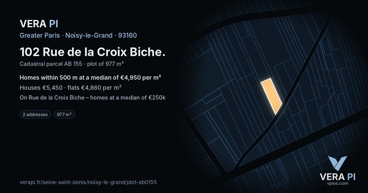 102 Rue de la Croix Biche, Noisy-le-Grand at night – the plot lit, the parcels around coloured by the prices near them