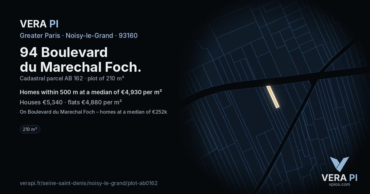 94 Boulevard du Marechal Foch, Noisy-le-Grand at night – the plot lit, the parcels around coloured by the prices near them
