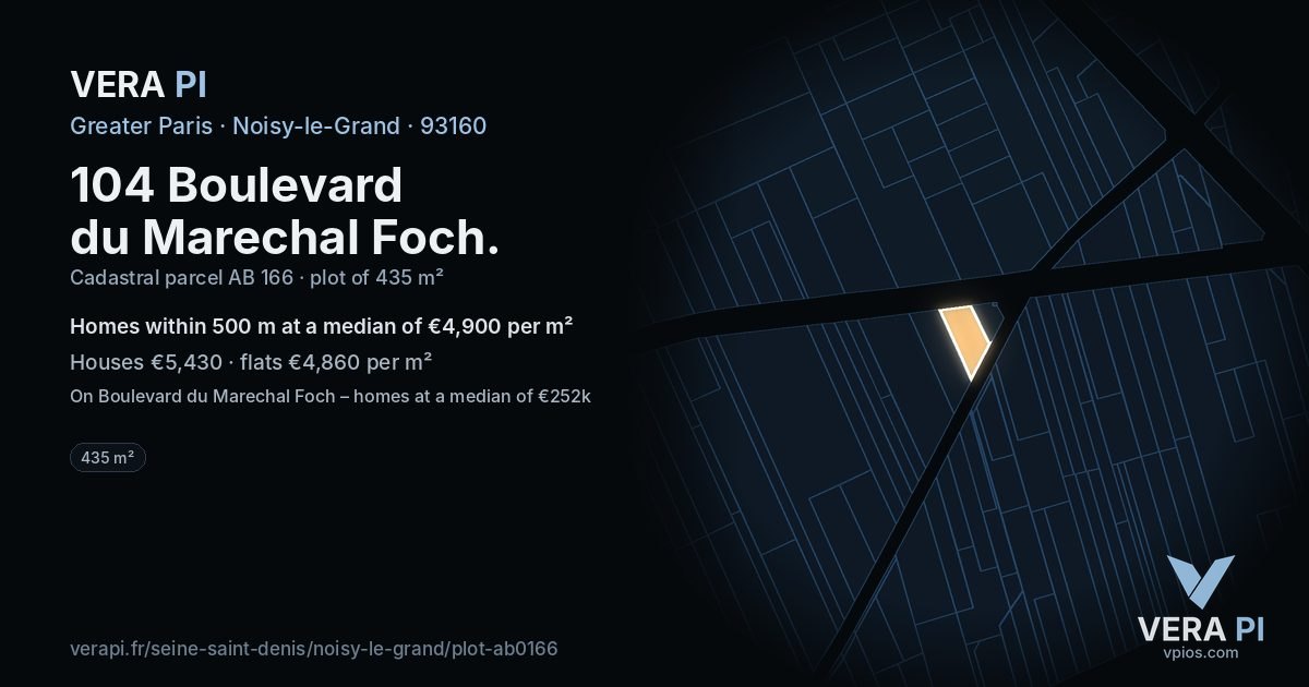 104 Boulevard du Marechal Foch, Noisy-le-Grand at night – the plot lit, the parcels around coloured by the prices near them