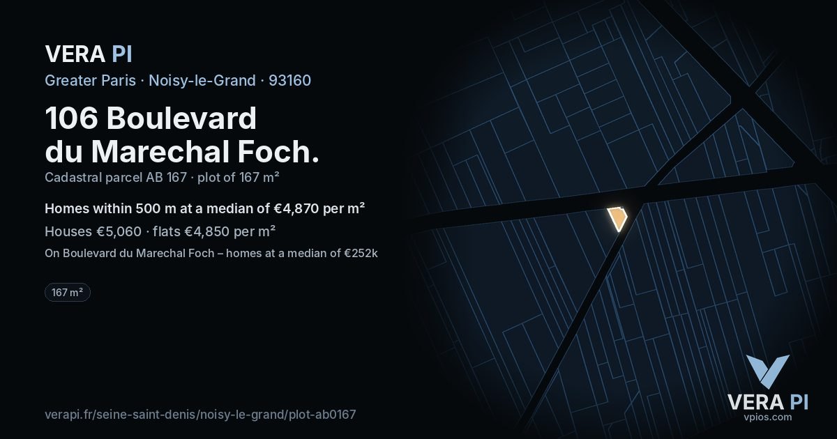 106 Boulevard du Marechal Foch, Noisy-le-Grand at night – the plot lit, the parcels around coloured by the prices near them