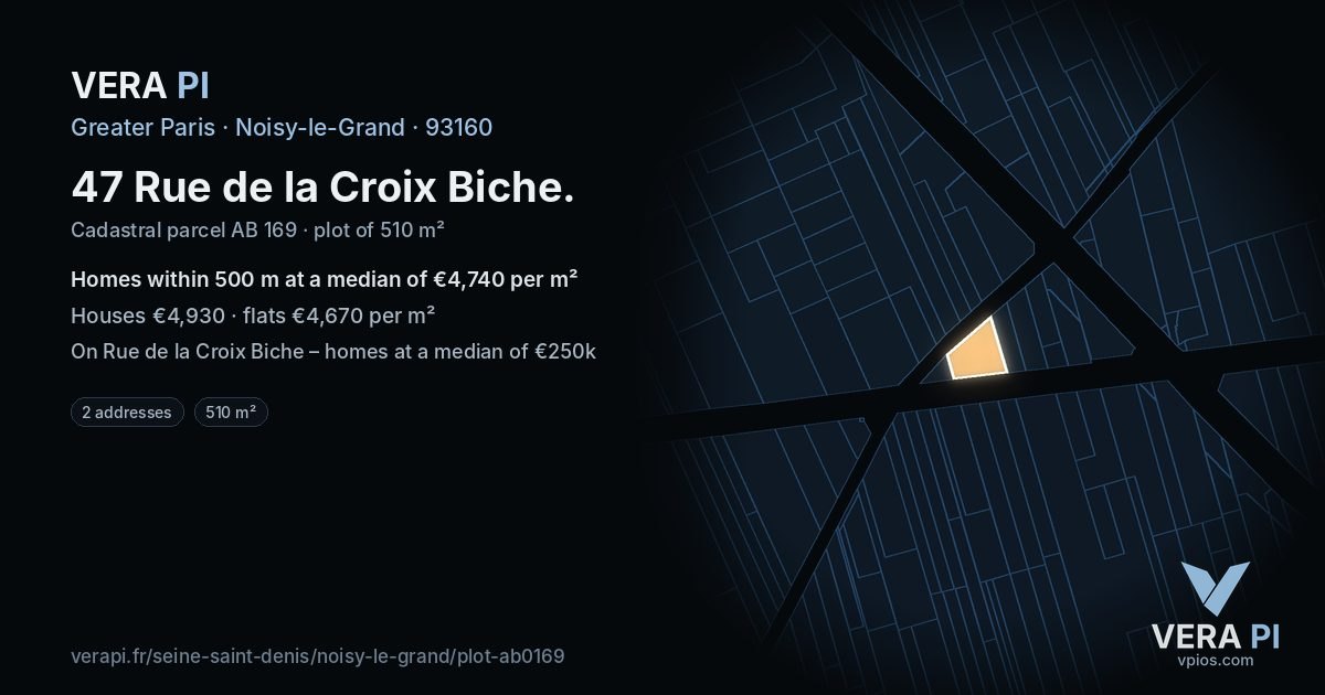 47 Rue de la Croix Biche, Noisy-le-Grand at night – the plot lit, the parcels around coloured by the prices near them