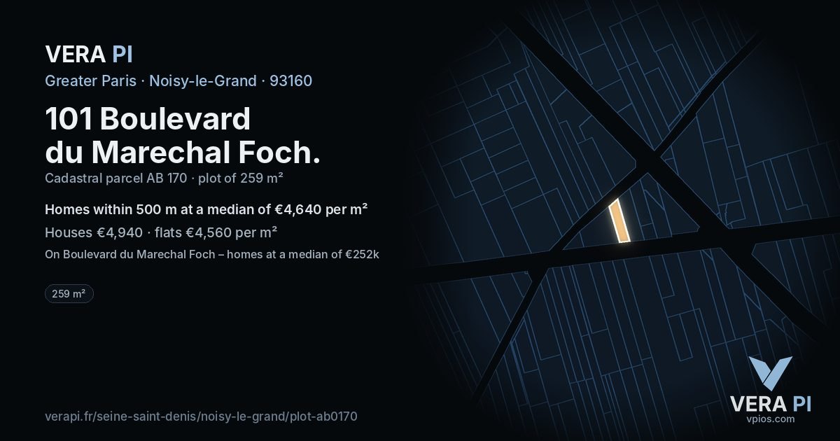 101 Boulevard du Marechal Foch, Noisy-le-Grand at night – the plot lit, the parcels around coloured by the prices near them
