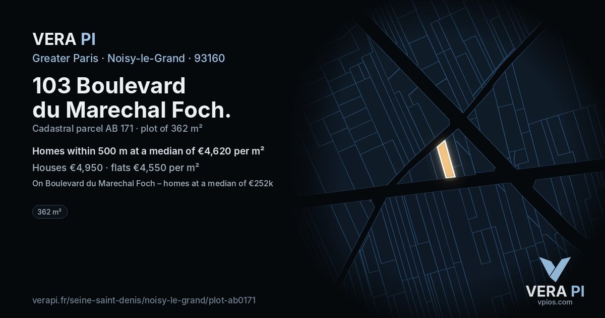103 Boulevard du Marechal Foch, Noisy-le-Grand at night – the plot lit, the parcels around coloured by the prices near them