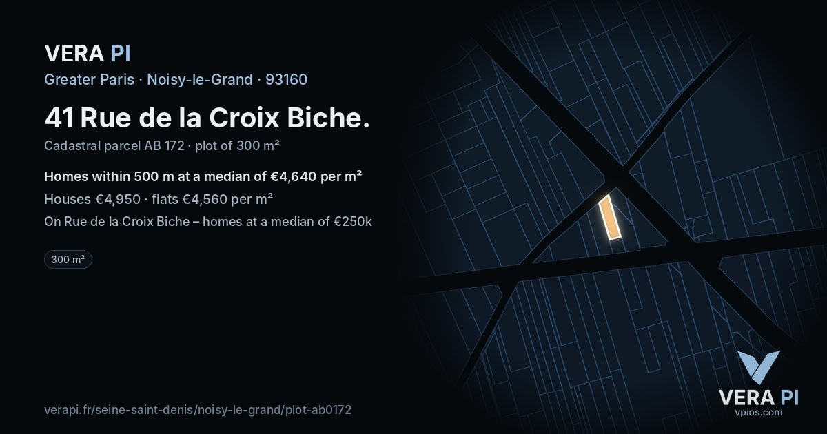 41 Rue de la Croix Biche, Noisy-le-Grand at night – the plot lit, the parcels around coloured by the prices near them