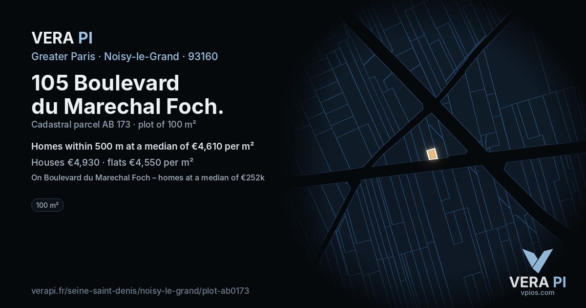 105 Boulevard du Marechal Foch, Noisy-le-Grand at night – the plot lit, the parcels around coloured by the prices near them