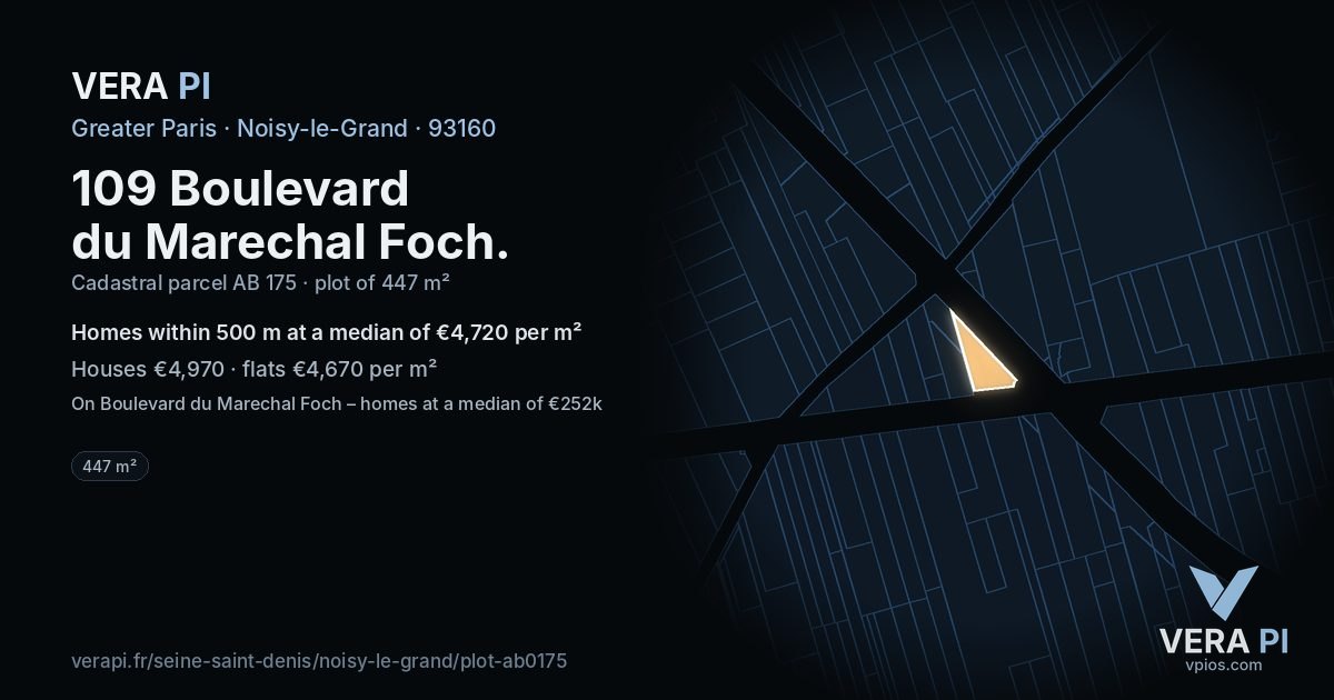 109 Boulevard du Marechal Foch, Noisy-le-Grand at night – the plot lit, the parcels around coloured by the prices near them