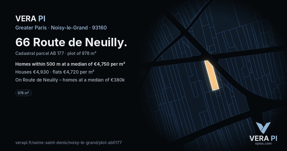 66 Route de Neuilly, Noisy-le-Grand at night – the plot lit, the parcels around coloured by the prices near them