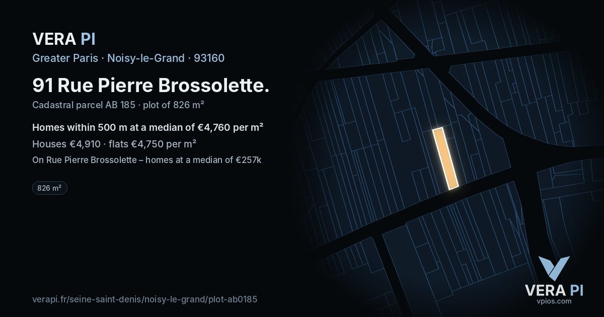 91 Rue Pierre Brossolette, Noisy-le-Grand at night – the plot lit, the parcels around coloured by the prices near them