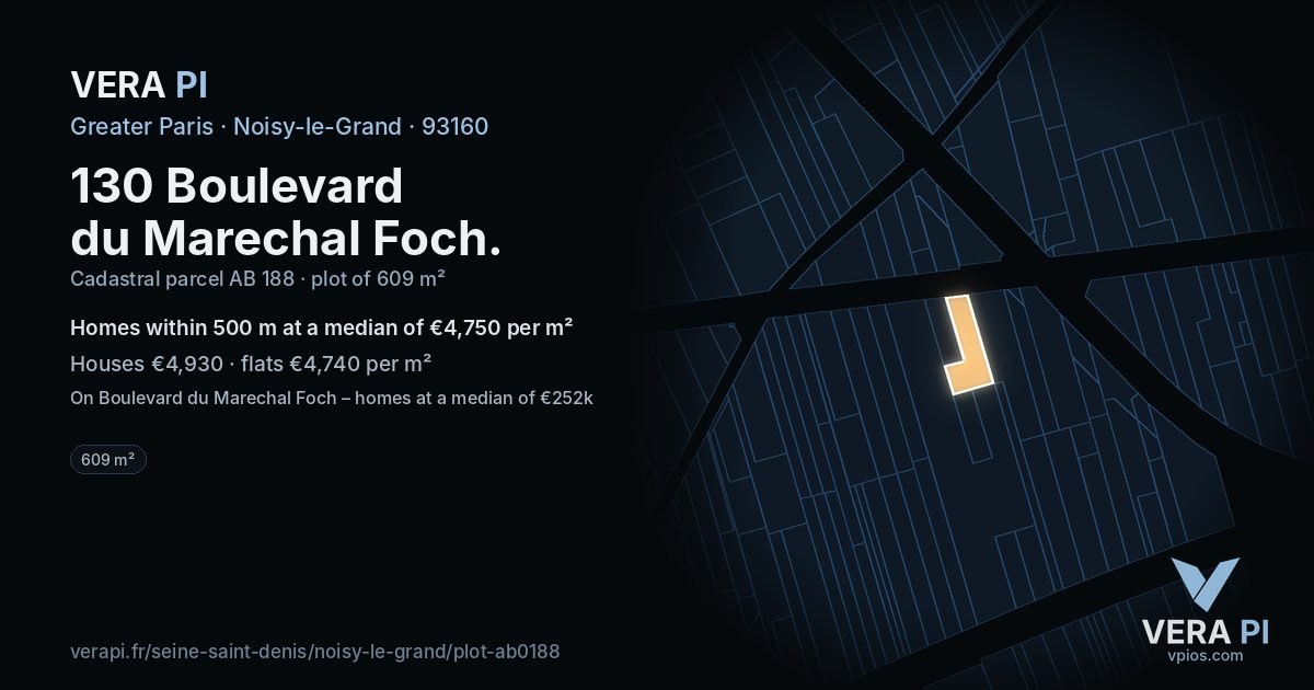 130 Boulevard du Marechal Foch, Noisy-le-Grand at night – the plot lit, the parcels around coloured by the prices near them