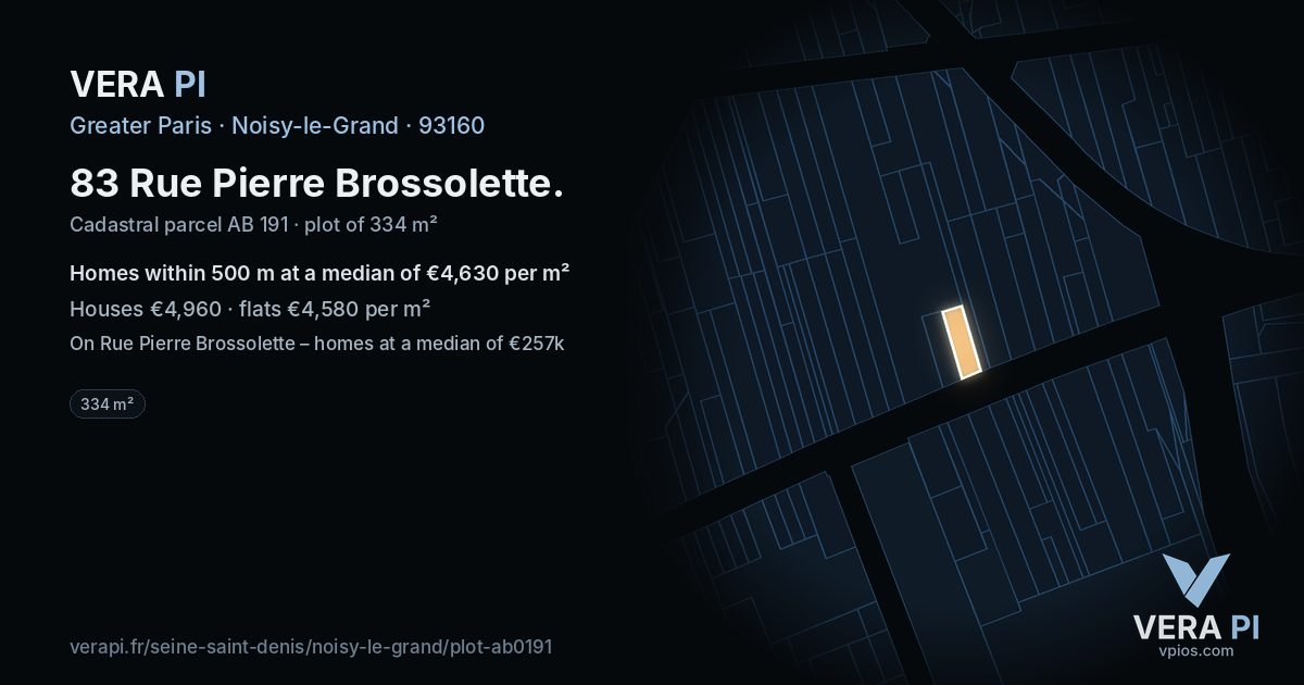 83 Rue Pierre Brossolette, Noisy-le-Grand at night – the plot lit, the parcels around coloured by the prices near them