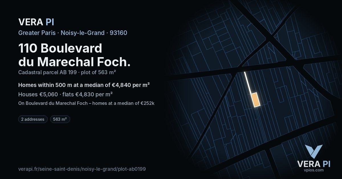 110 Boulevard du Marechal Foch, Noisy-le-Grand at night – the plot lit, the parcels around coloured by the prices near them