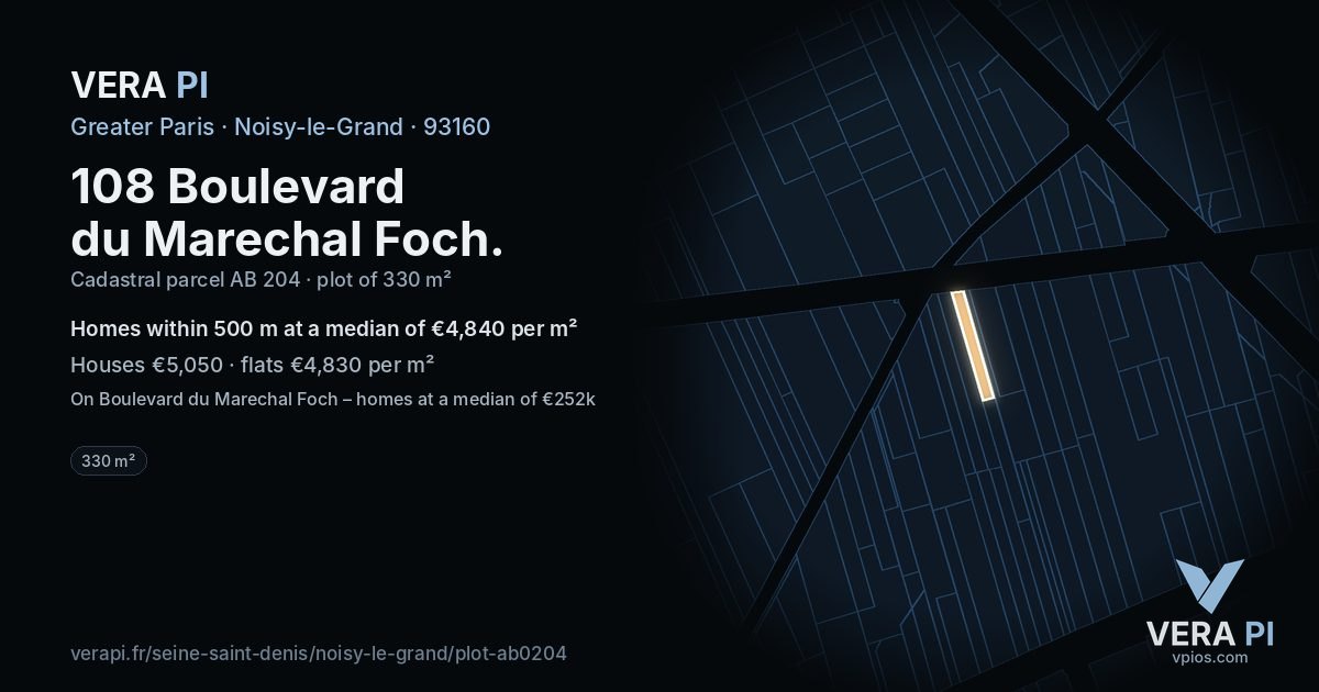 108 Boulevard du Marechal Foch, Noisy-le-Grand at night – the plot lit, the parcels around coloured by the prices near them