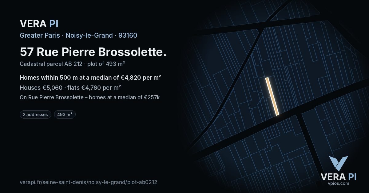 57 Rue Pierre Brossolette, Noisy-le-Grand at night – the plot lit, the parcels around coloured by the prices near them