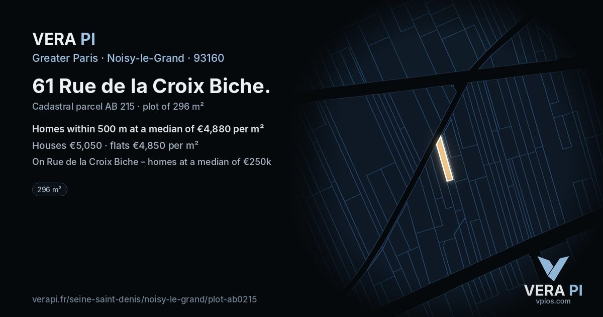 61 Rue de la Croix Biche, Noisy-le-Grand at night – the plot lit, the parcels around coloured by the prices near them