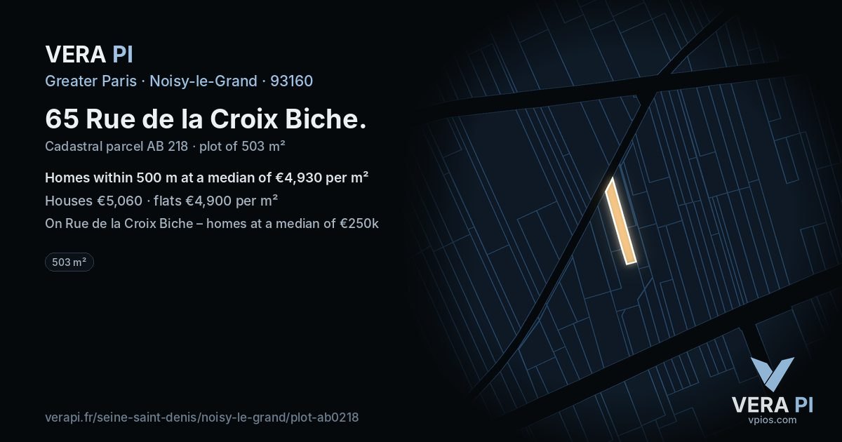 65 Rue de la Croix Biche, Noisy-le-Grand at night – the plot lit, the parcels around coloured by the prices near them