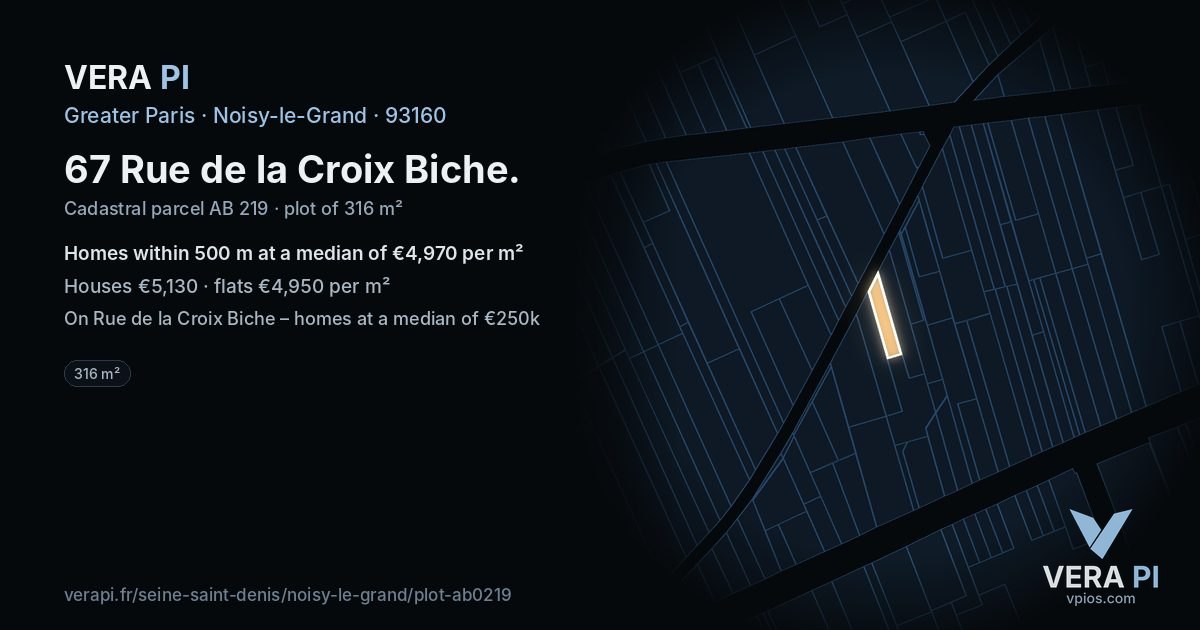 67 Rue de la Croix Biche, Noisy-le-Grand at night – the plot lit, the parcels around coloured by the prices near them