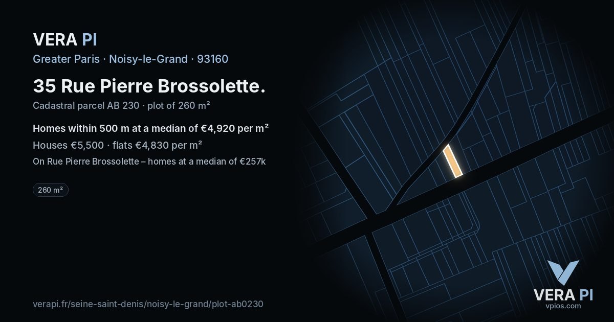 35 Rue Pierre Brossolette, Noisy-le-Grand at night – the plot lit, the parcels around coloured by the prices near them
