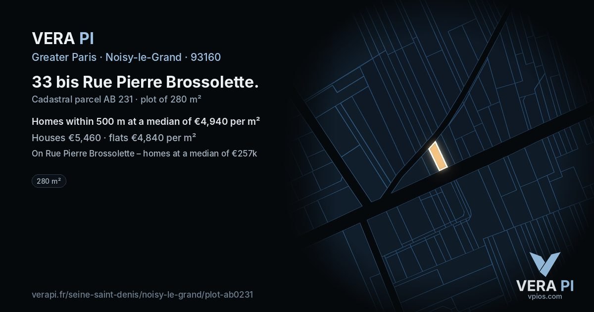 33 bis Rue Pierre Brossolette, Noisy-le-Grand at night – the plot lit, the parcels around coloured by the prices near them