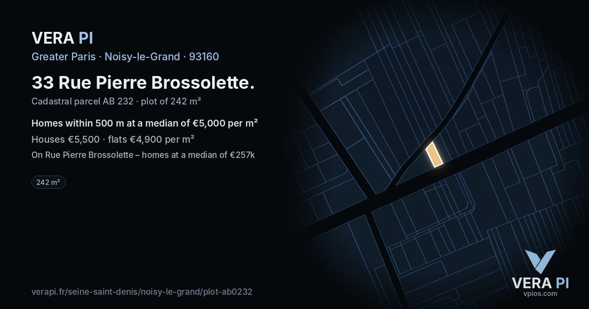 33 Rue Pierre Brossolette, Noisy-le-Grand at night – the plot lit, the parcels around coloured by the prices near them