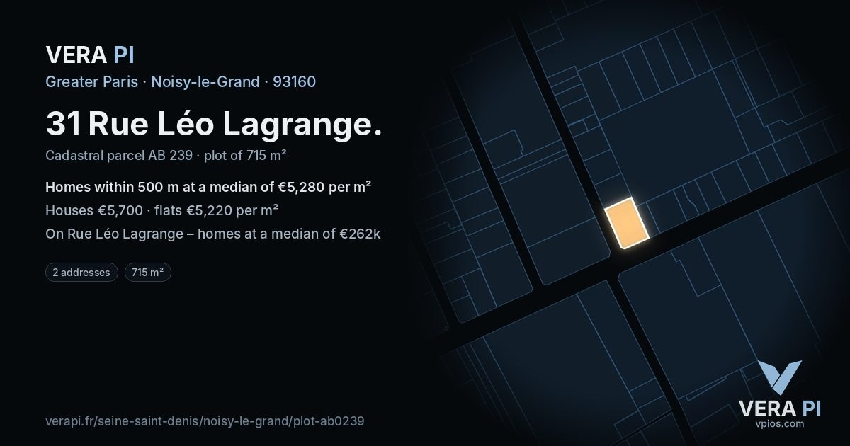 31 Rue Léo Lagrange, Noisy-le-Grand at night – the plot lit, the parcels around coloured by the prices near them